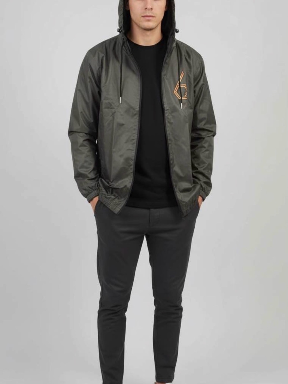 Men's Black & Grey Hooded Windbreaker Jacket
